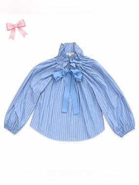 NWT Free Assembly Blue Stripe Puff Sleeve Tie Neck Blouse | Cotton Top | Medium
